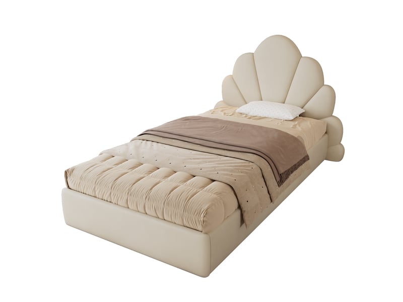  Lit simple enfant tête en pétales 90x200cm, velours finition beige sans matelas, style moderne compact  - Conforama A