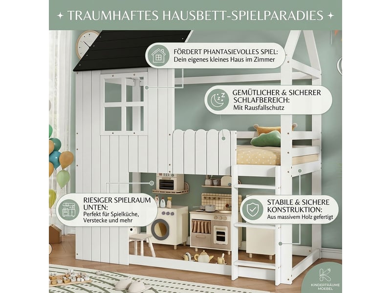  Lit mezzanine enfant 90 x 200 cm formes de maison escalier à trois marches barrière sur tous les côtés en pin et mdf finition blanche et noire fenêtre décorative lit simple  - Conforama E