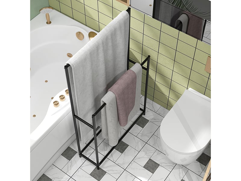 Porte-serviettes - sur pied avec 2 barres et pieds antidérapants, accessoires salle de bain robuste - 66x20x110 cm - noir  - Conforama C