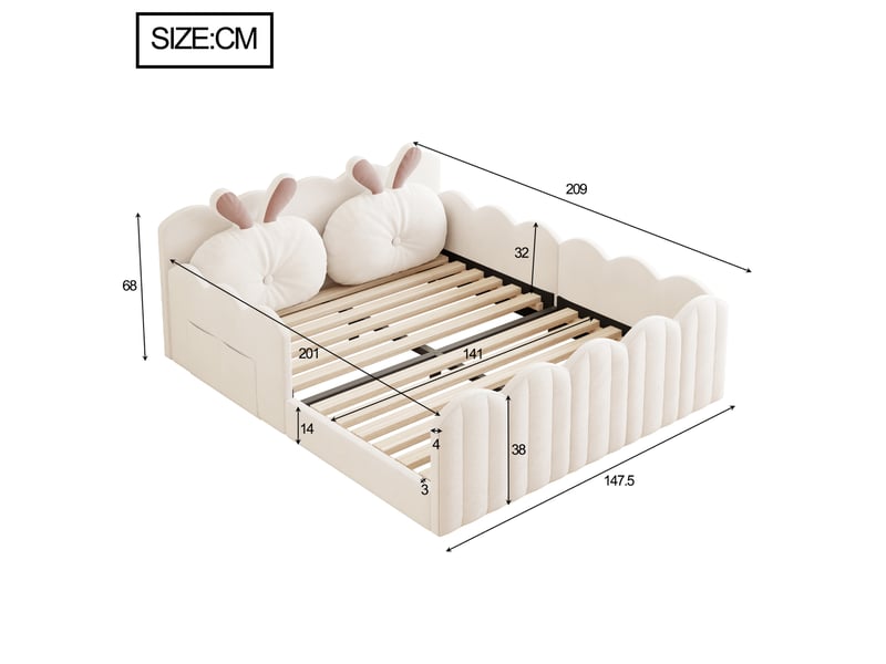  Lit enfant rembourré 140x200 cm beige avec coussins oreilles de lapin  - Conforama C