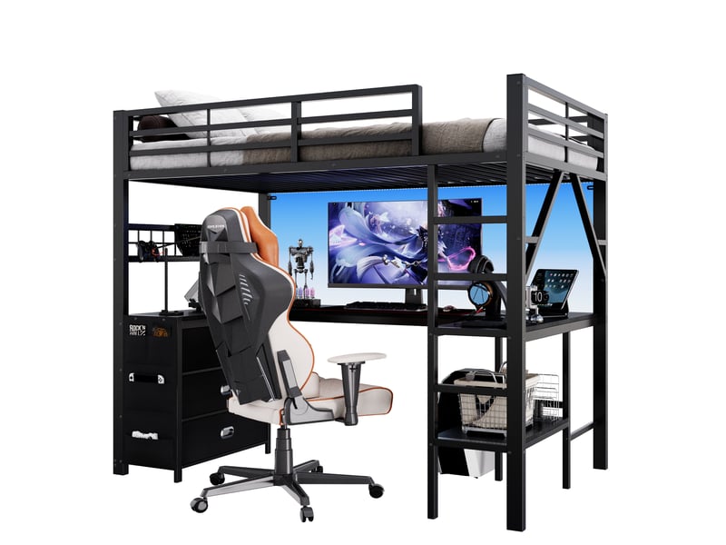 Lit mezzanine gaming en métal 90x200 cm, tiroirs, bureau, étagère, éclairage led, noir - Conforama A