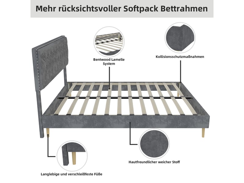 Lit adulte 140 x 200 cm, lit double, avec tête de lit moelleuse et sommier, velours gris, sans matelas - Conforama E