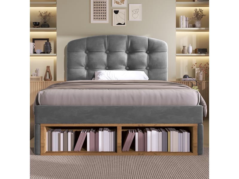  Lit simple pour enfant, avec tête de lit incurvée à hauteur réglable, tiroirs et espaces de rangement, en velours, gris - 90 x 200 cm  - Conforama B