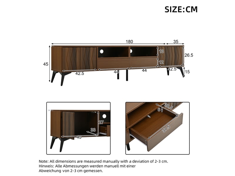  Meuble tv modenvie rétro 180 x 35 x 45 cm décor noyer 2 portes 2 tiroirs  - Conforama C