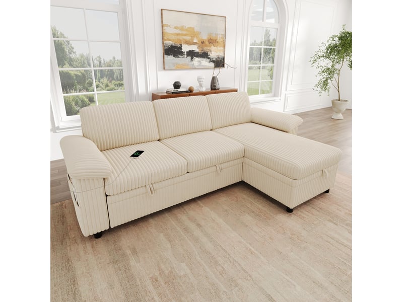 Canapé d’angle convertible 214x138,5x89 cm modulable bois et métal beige  - Conforama B