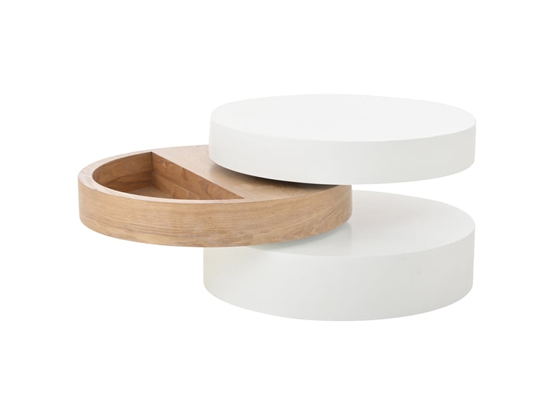  Table basse pivotante 360° table de salon ronde 3 niveaux avec rangement caché extensible 88 cm blanc et bois  - Conforama A