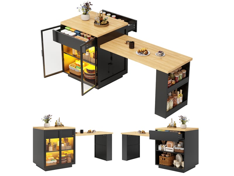  Îlot de cuisine extensible noir avec led, usb et rangements, 194,5 cm Fay Lum - Conforama A
