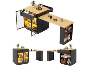 Îlot de cuisine extensible noir avec led, usb et rangements, 194,5 cm