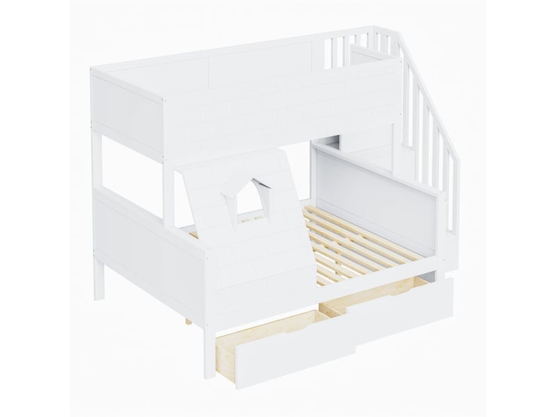  Lit superposé 90x200140x200cm escalier rangement - lit double - bois massif, 2 tiroirs, fenêtre, blanc  - Conforama D