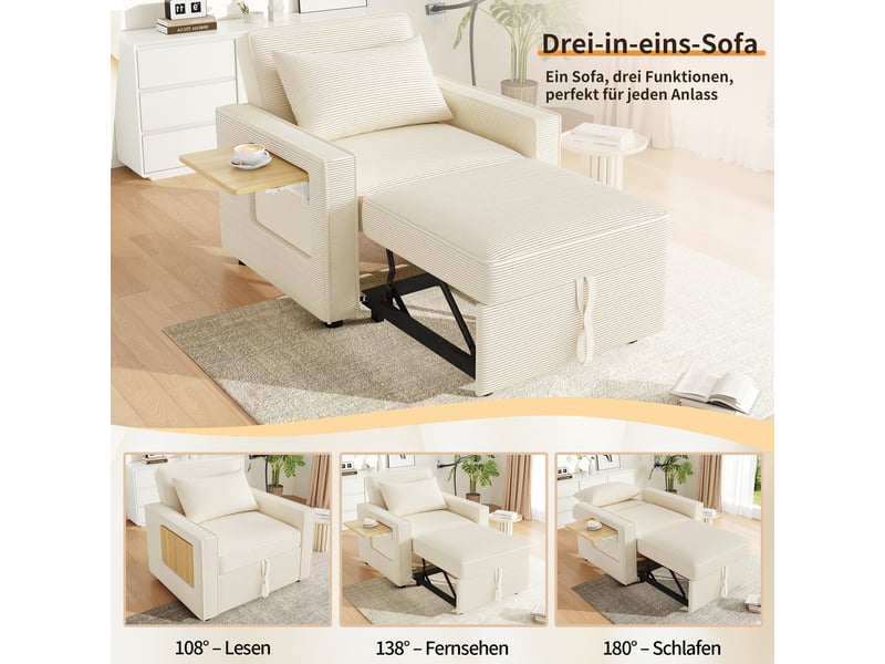  Fauteuil-lit convertible 1 place pliable en velours côtelé beige, avec usb et support pour téléphone  - Conforama B
