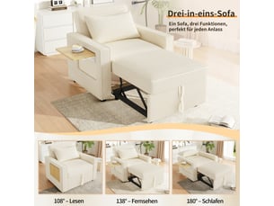 Fauteuil-lit convertible 1 place pliable en velours côtelé beige, avec usb et support pour téléphone