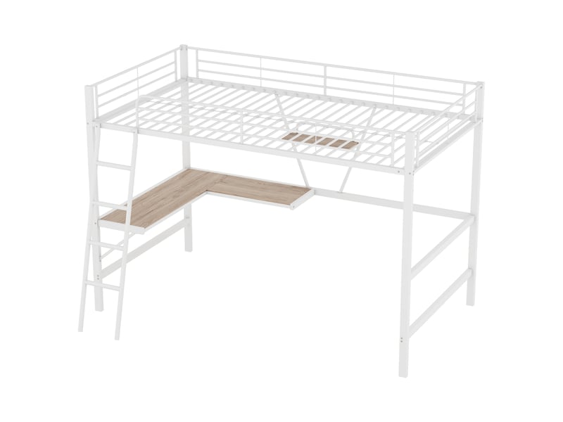  Lit mezzanine avec bureau en l et étagère, lit en métal 90x200 cm pour enfants et adultes, cadre robuste, sans matelas, blanc  - Conforama W