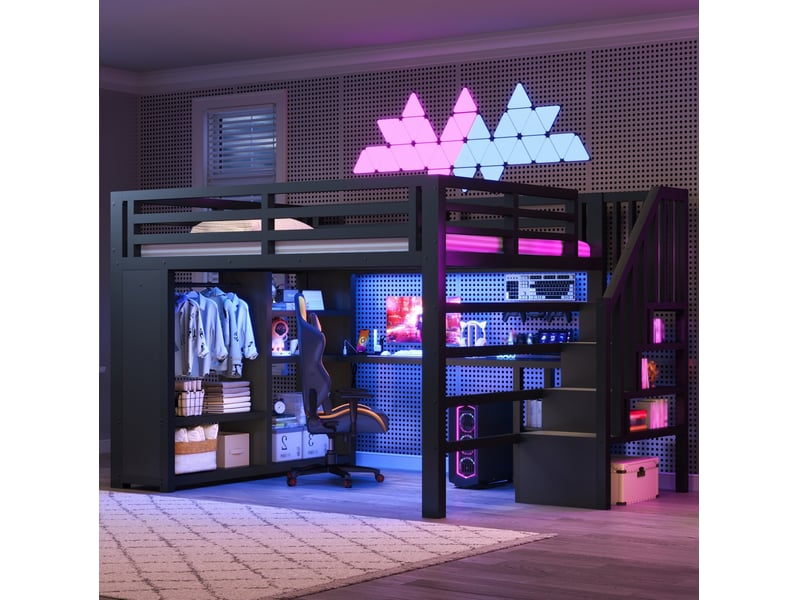  Lit mezzanine modenvie 140 x 200 cm en métal noir avec bureau, led, usb, escalier de rangement et armoire ouverte  - Conforama B