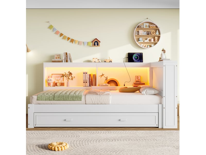  Lit enfant 90x200 cm, avec lit gigogne, led intégrée, port usb-c, 2 sommiers, mdf et pin, blanc, moderne, sans matelas  - Conforama B