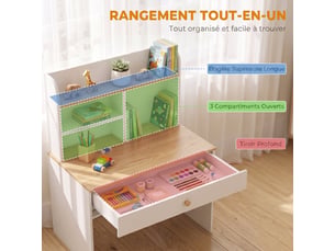 Bureau enfant en bois, bureau avec rangement, plateau large, tiroir et étagères ouvertes, blanc, 80 x 50 x 100 cm