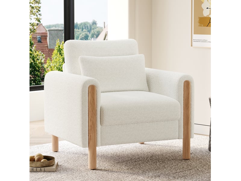  Fauteuil 1 place avec coussin amovible en tissu bouclette blanc  - Conforama B