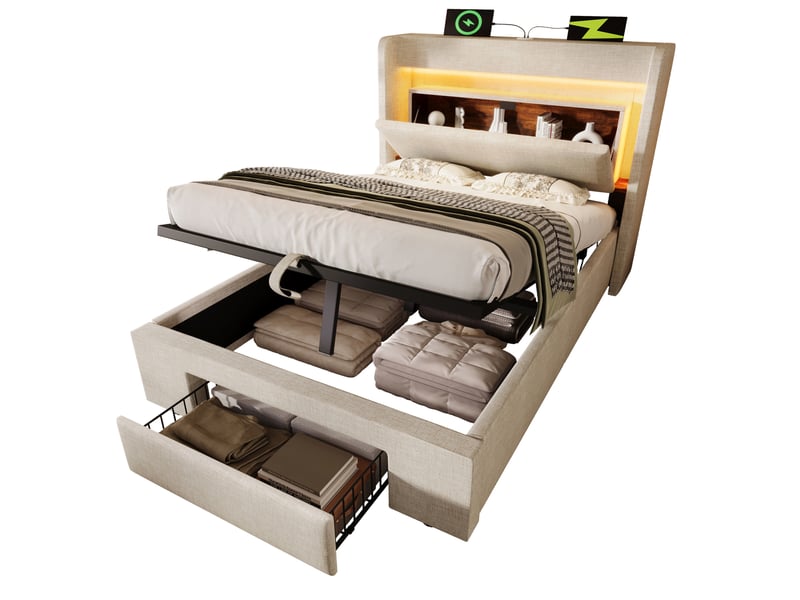  Modenvie lit coffre 90x200 cm - rangement hydraulique, led et ports usb usb-c, matelas inclus - beige  - Conforama A