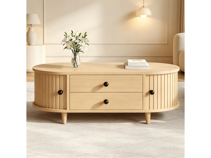  Table basse en bois clair avec 2 tiroirs - portes coulissantes mdf 100x50x36 cm  - Conforama C