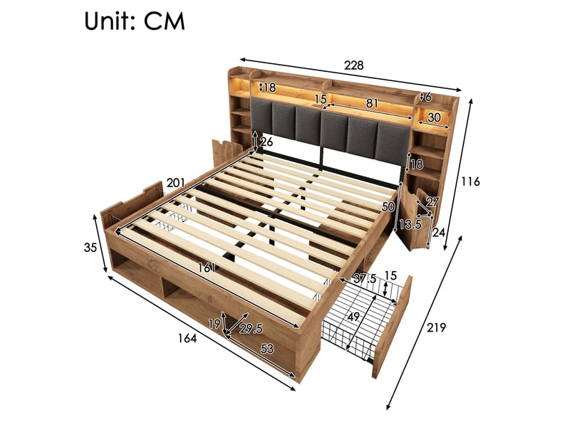  Lit double 160 x 200 cm couleur chêne avec tête de lit rembourrée, led, rangements et chevets mobiles  - Conforama E