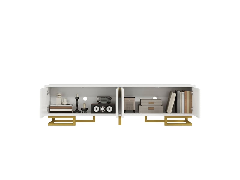  Meuble tv design contemporain avec portes texturées et pieds dorés meuble tv avec rangement  - Conforama D