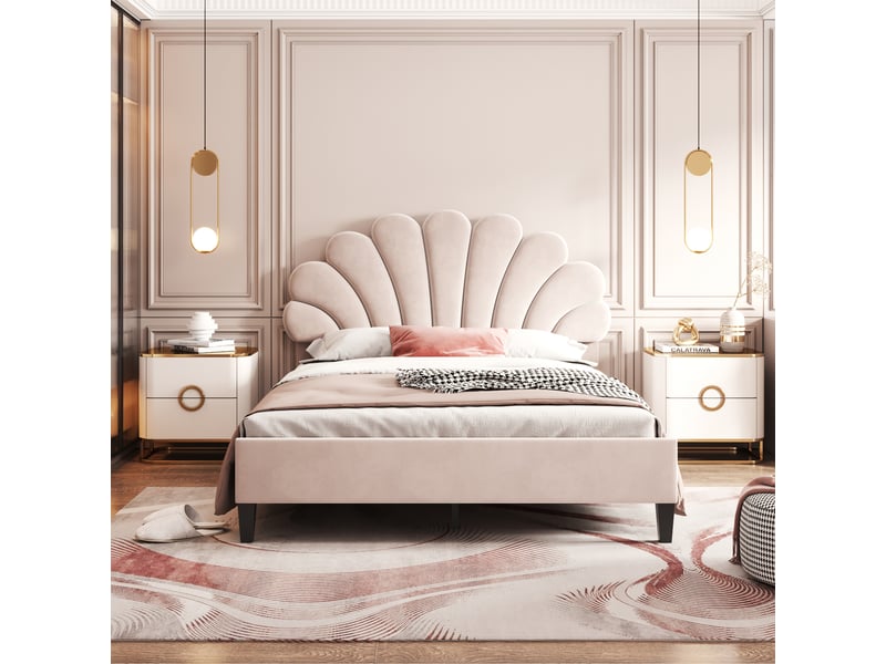  Lit adulte 140 × 200 cm 2 places avec tête de lit fleurie, sans matelas, en velours, beige  - Conforama C
