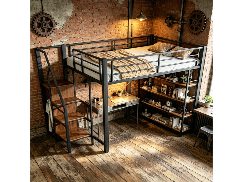  Lit mezzanine 140 × 200 cm 2 places avec escalier à tiroirs, armoire et étagères, sans matelas, métal noir  - Conforama E