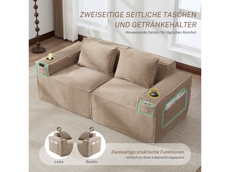 Canapé modulable, canapé 2 places, poches latérales, porte-gobelets, sans montage, en velours, format compressé - Conforama E