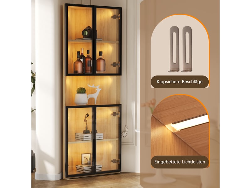  Vitrine en verre avec éclairage led, meuble vitrine aspect chêne 62x32x160cm, vitrine d'angle gain de place pour salon et bureau  - Conforama E