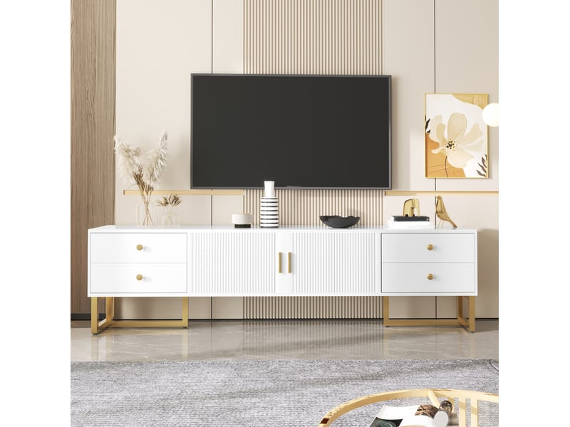  Meuble tv bas blanc 175 cm avec 4 tiroirs, 2 portes texturées et pieds dorés  - Conforama B