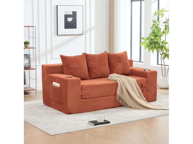  Canapé modulaire 3 places extensible avec porte-gobelets et poches latérales en velours côtelé orange, 172 × 87 × 64 cm  - Conforama E