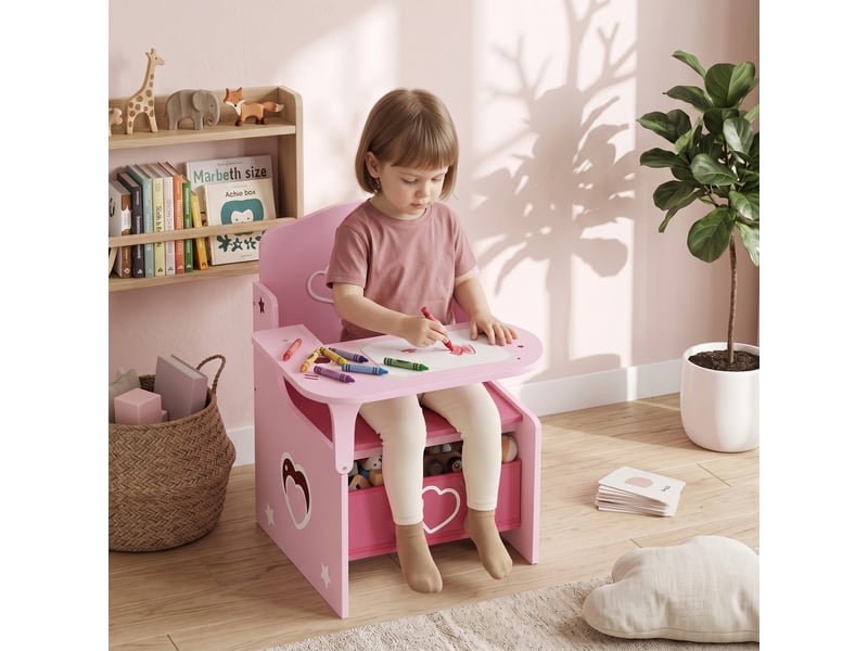  Ensemble table et chaises pour enfants de 3 à 5 ans, en mdf avec motifs de cœurs et rangement intégré, rose.  - Conforama C