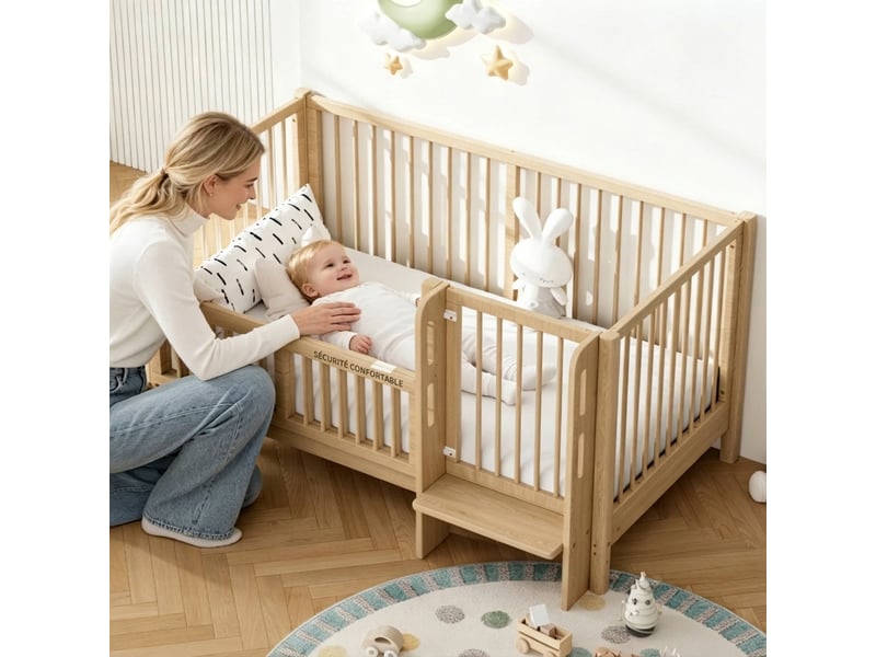  Lit bébé évolutif 140x70 cm lit cododo pin massif naturel avec barrière de sécurité et marchepied intégré  - Conforama D