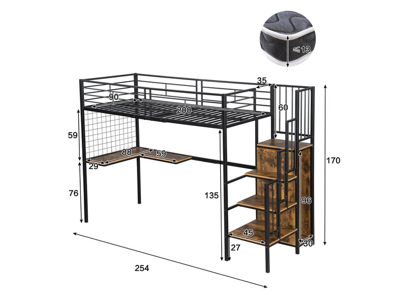  Lit mezzanine 90x200 cm avec bureau, lit surélevé gain de place avec armoire et escalier pour enfant adolescent, métal et bois mdf, noir et naturel  - Conforama E