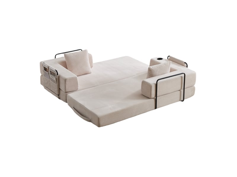 Canapé-lit de sol convertible 2 places avec accoudoirs pliables, porte-gobelet et poche latérale en velours côtelé blanc - Conforama A