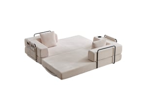 Canapé-lit de sol convertible 2 places avec accoudoirs pliables, porte-gobelet et poche latérale en velours côtelé blanc