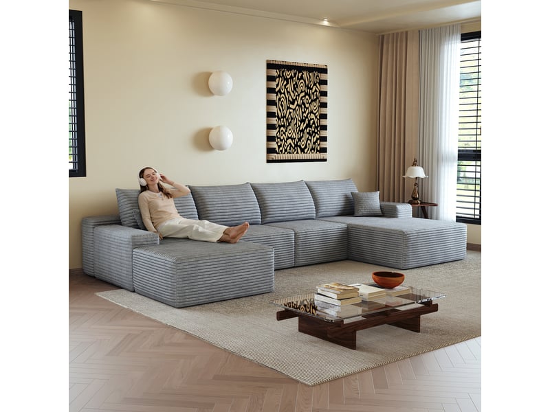 Canapé d'angle, canapé modulable, design moderne, 340 cm, pour salon, chambre, appartement, gris, livré monté, assise profonde - Conforama C