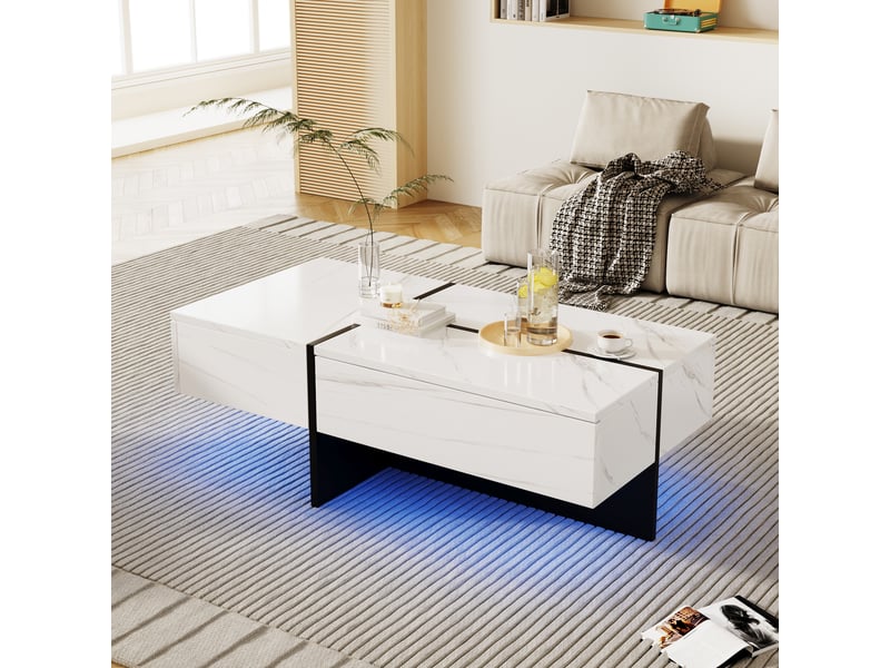  Table basse effet marbre blanc brillant avec led contrôlable par application, 3 tiroirs, 100x50x34.5 cm  - Conforama W