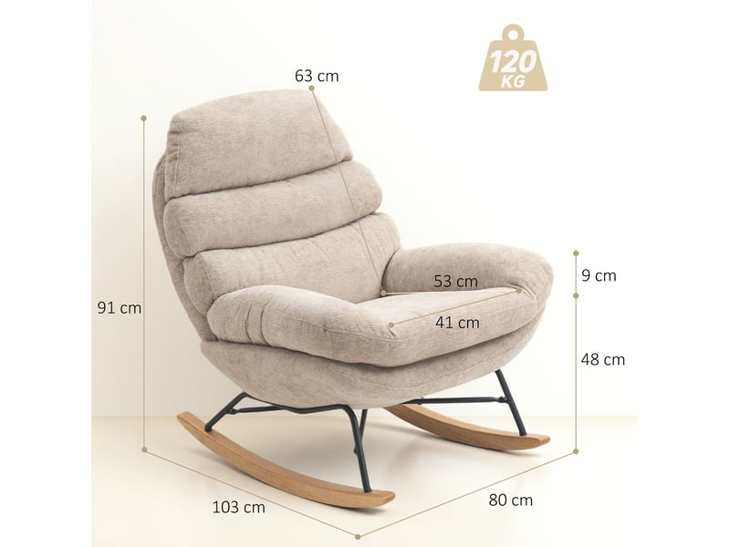  Fauteuil à bascule rembourré avec pieds en acier et patins en bois, blanc crème  - Conforama E