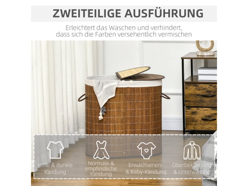 Panier à linge 100 l en bambou avec couvercle, poignée et 2 sacs, tri du linge, salle de bain - Conforama D