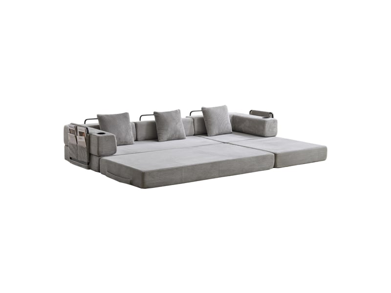  Canapé de sol convertible en lit, coussins, accoudoirs, velours côtelé gris clair  - Conforama E