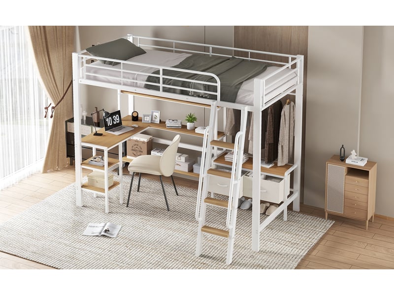  Lit superposé en métal et mdf 90x200 cm blanc et naturel avec bureau étagère de rangement échelle inclinée quatre marches et deux boîtes de rangement en tissu Sol Morn - Conforama B
