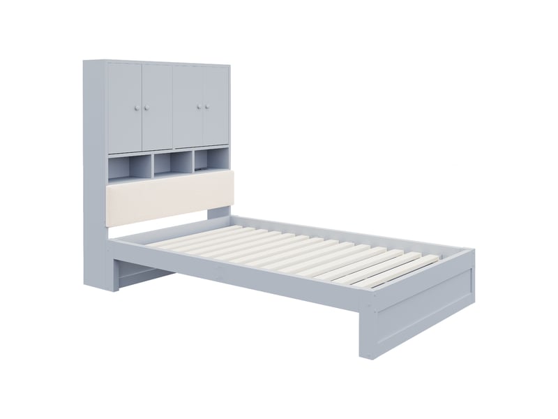  Lit multifonctionnel en bois, 90 x 200 cm, avec dossier rembourré, tête de lit avec rangements, étagères, éclairage led et prise électrique, tiroir et sommier à lattes, lit simple, lit enfant, gris  - Conforama E