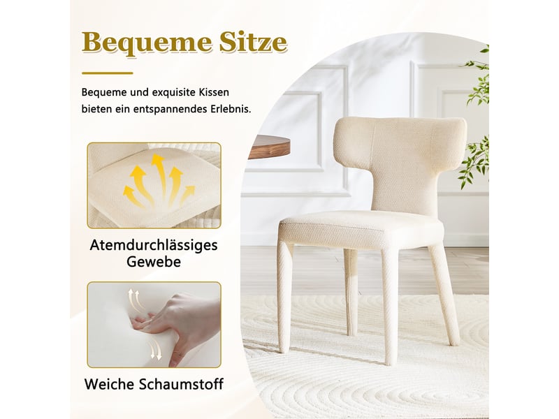  Lot de 2 chaises de salle à manger modernes, dossier en t incurvé, assise ronde rembourrée en tissu, 4 pieds métal avec patins antidérapants  - Conforama E