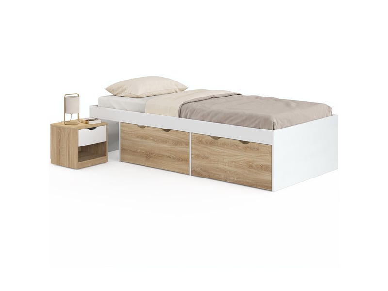  Lit simple edouard avec chevet et 2 tiroirs à roulettes et sommier 90 x 190 cm blanc et hêtre  - Conforama A