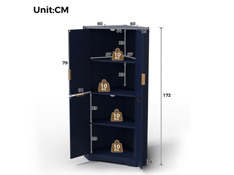  Buffet d’angle 60x60x172 cm, 4 portes bleu avec tablettes réglables, style moderne  - Conforama C