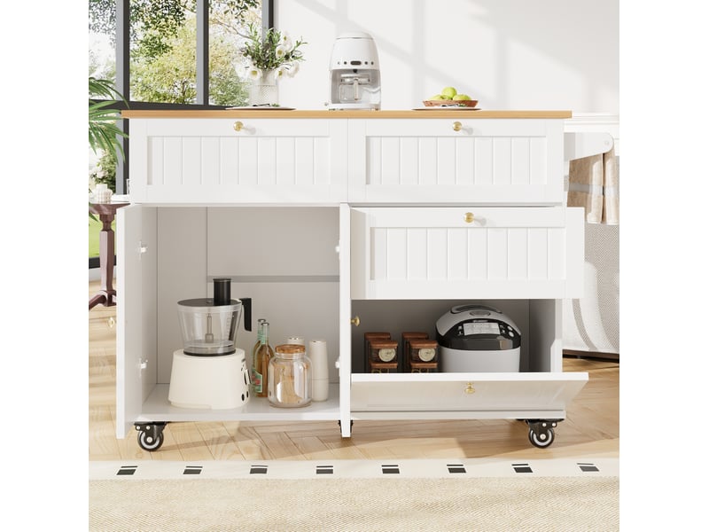  Îlot de cuisine mobile avec rangement et plateau rabattable 133 x 70 x 88 cm blanc  - Conforama E