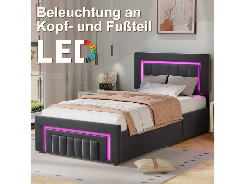 Lit rembourré 90 × 200 cm 1 place avec matelas et éclairage led, lit pour enfant avec tiroirs et roulettes, lit avec coffre de rangement, gris - Conforama C