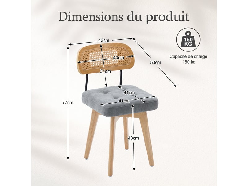  Lot de 2 chaises pivotantes 360° rotin et chenille grise, h77 cm Fay Lum - Conforama C