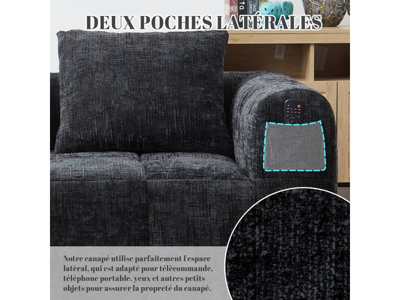 Canapé droit 2 places en chenille noire 158x90x60 cm, avec coussin et poches latérales, sans montage 158x90x60cm - Conforama D