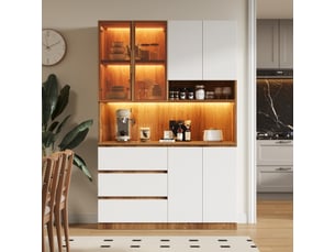 Buffet haut led 120,5 x 40 x 180 cm meuble de rangement cuisine avec 6 portes, 3 tiroirs et espace micro-ondes, blanc bois naturel